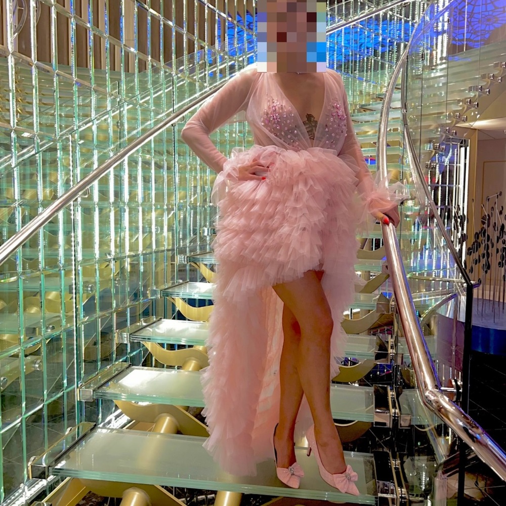 Elegant light pink beaded sheer prom birthday gown with ruffles with sleeves